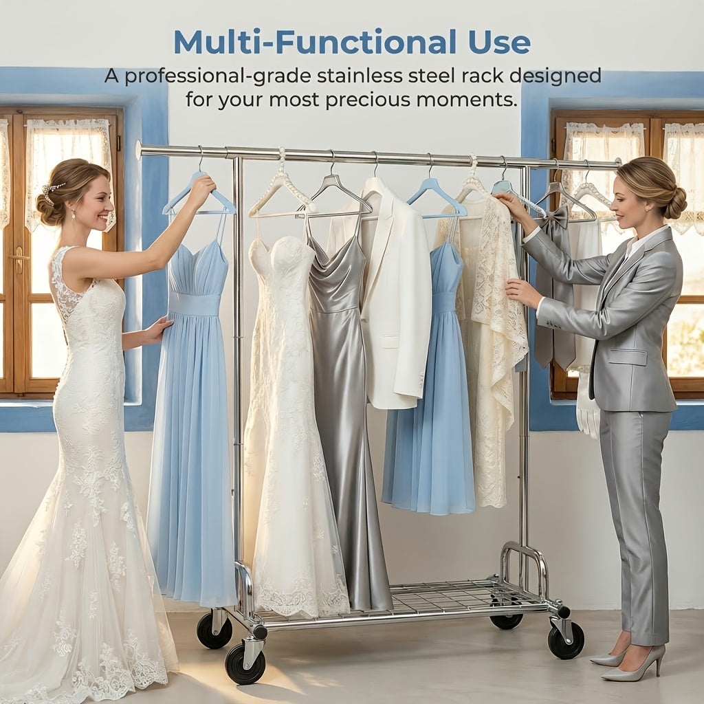 Heavy Duty Single Rod Rolling Garment Rack Clothes Rack | Adjustable Stainless Steel Clothing Rack Extendable Width 51-75in | 360° Flexible Wheels Easy to Move Mobile Wheels | EASY to INSTALL Sturdy & Durable Wide Application