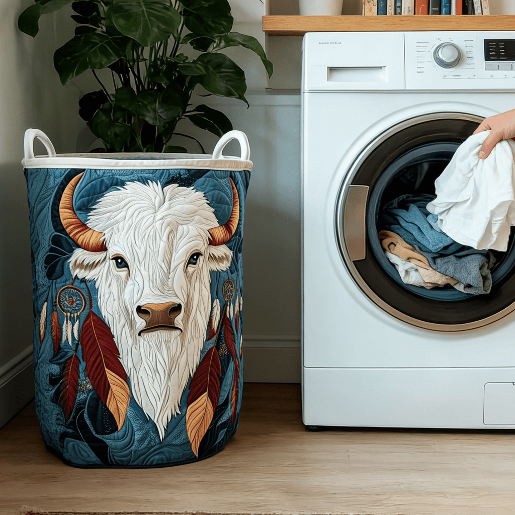Bohemian Style Round Quilted Laundry Basket, White Handle Feather Design, Laundry Bin for Clothes Storage, Rustic Tribal Decor for Home Laundry Room Bathroom, Dirtproof Laundry Baskets