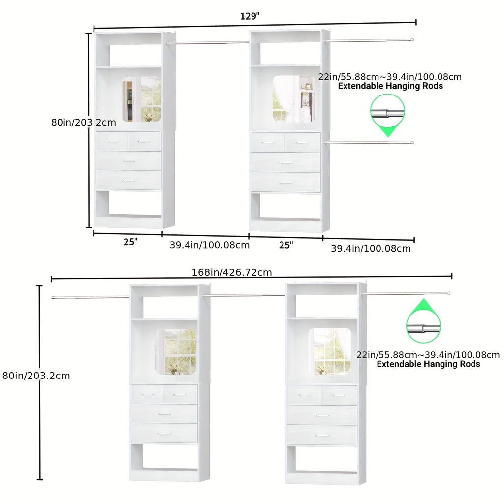 Unikito Closet Systems, 6-14ft Walk In Closet Organizer with 8 Drawers And Mirror, 168\