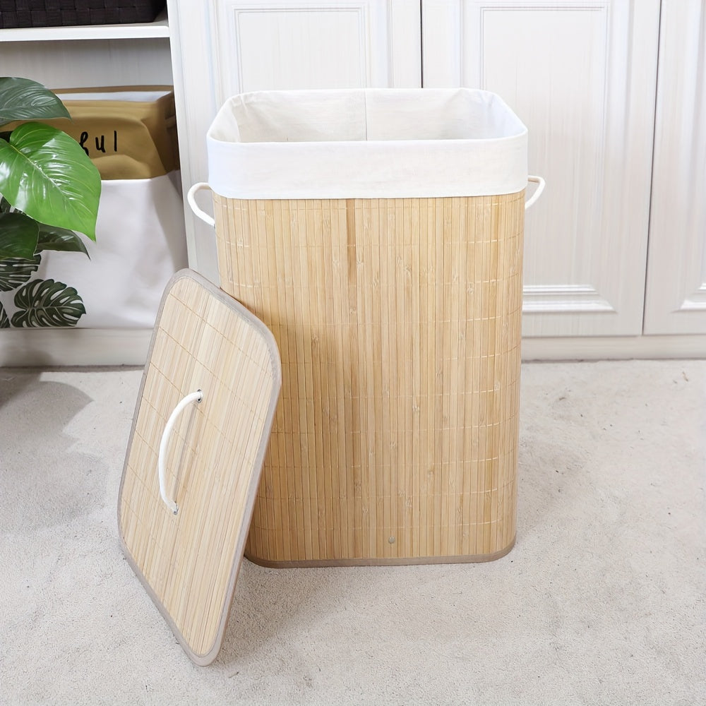 1pc Foldable Bamboo Laundry Basket with Collapsible Frame - Rattan Clothes Hamper, Space-Saving Rectangular Storage Bin for ' Room,, Dorm, Bathroom Organization (Easy Assembly), Laundry Baskets