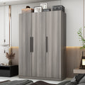 Contemporary Wooden Wardrobe with Three Doors, Designed for Clothing Storage, Featuring Six Compartments And a Hanging Rod. This Closet Includes Handles And Is Suitable for Bedrooms, Offering Ample Storage Space in Grey, Brown, And White Finishes