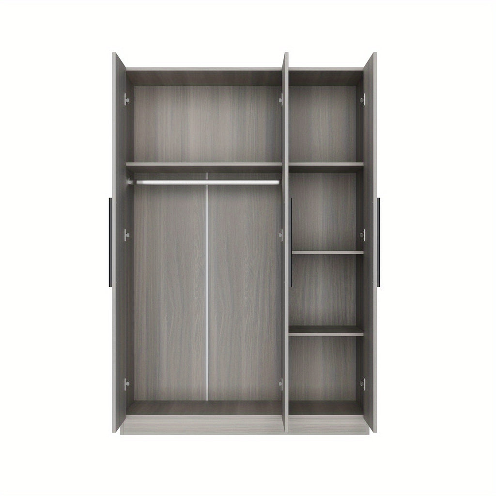 Contemporary Wooden Wardrobe with Three Doors, Designed for Clothing Storage, Featuring Six Compartments And a Hanging Rod. This Closet Includes Handles And Is Suitable for Bedrooms, Offering Ample Storage Space in Grey, Brown, And White Finishes