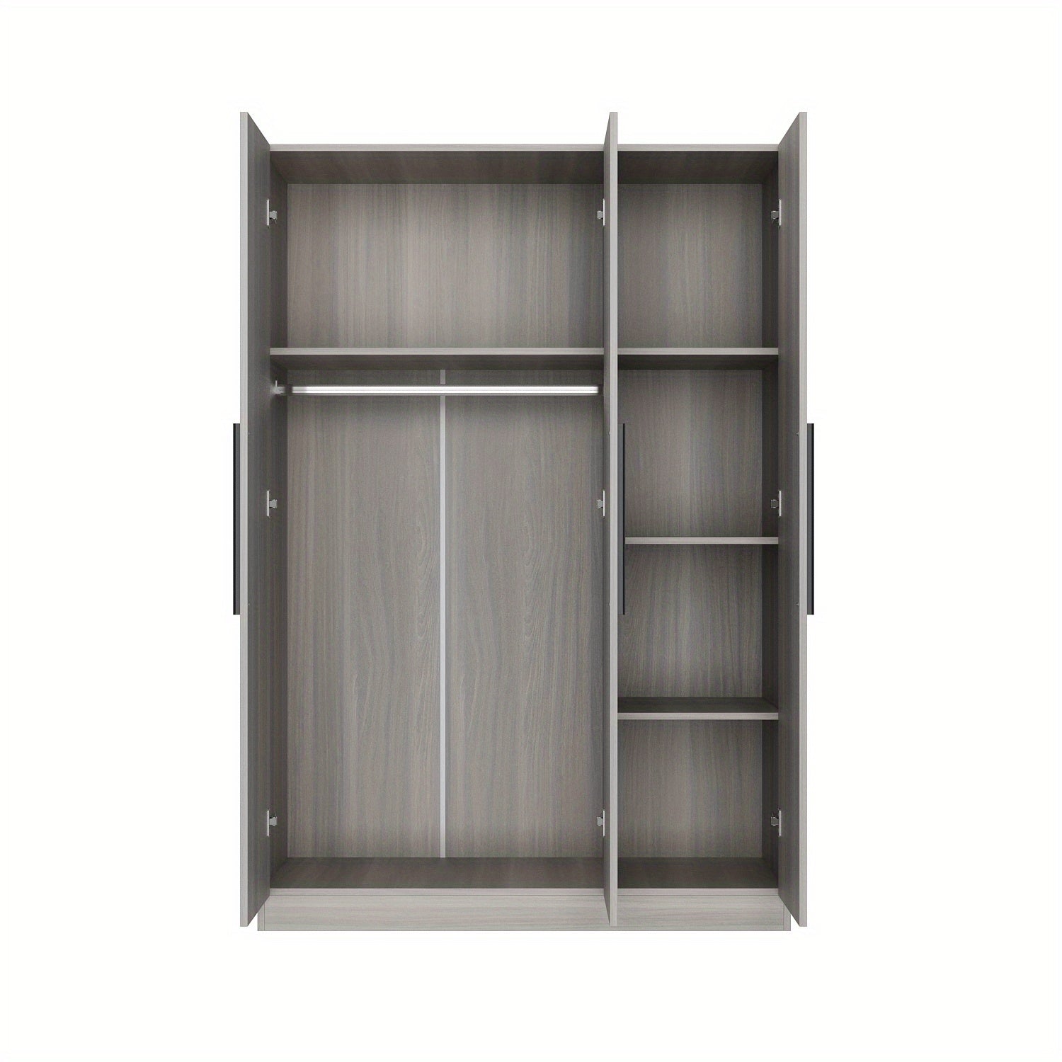 Contemporary Wooden Wardrobe with Three Doors, Designed for Clothing Storage, Featuring Six Compartments And a Hanging Rod. This Closet Includes Handles And Is Suitable for Bedrooms, Offering Ample Storage Space in Grey, Brown, And White Finishes