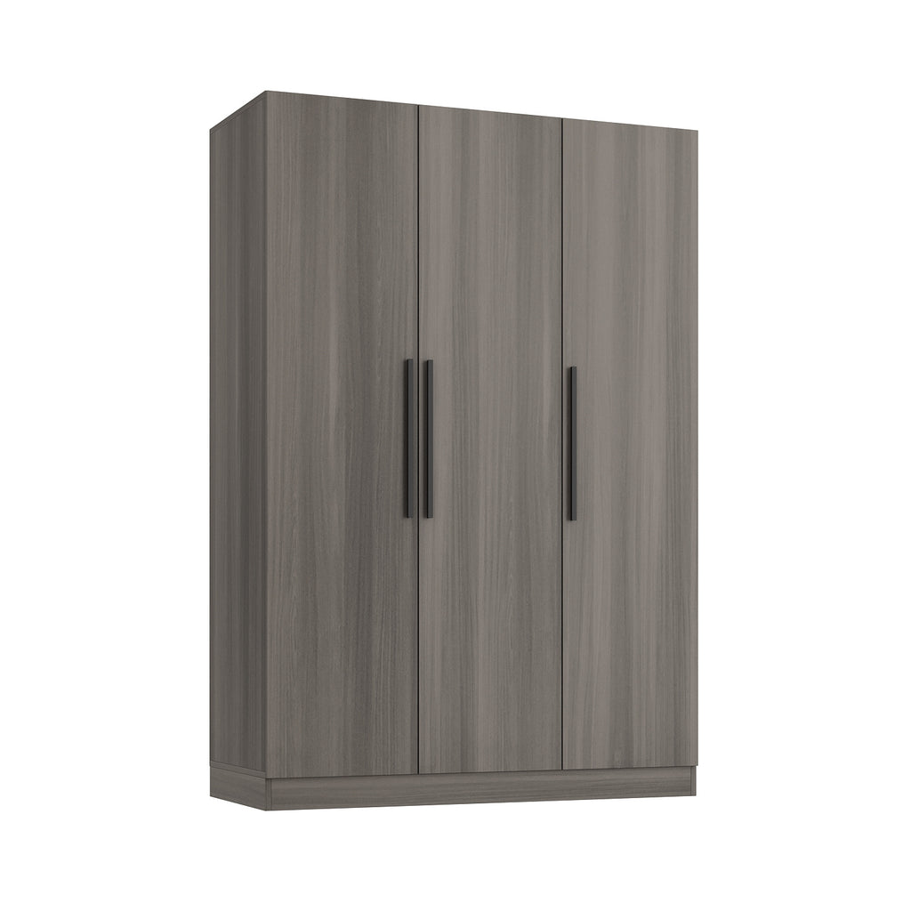 Contemporary Wooden Wardrobe with Three Doors, Designed for Clothing Storage, Featuring Six Compartments And a Hanging Rod. This Closet Includes Handles And Is Suitable for Bedrooms, Offering Ample Storage Space in Grey, Brown, And White Finishes