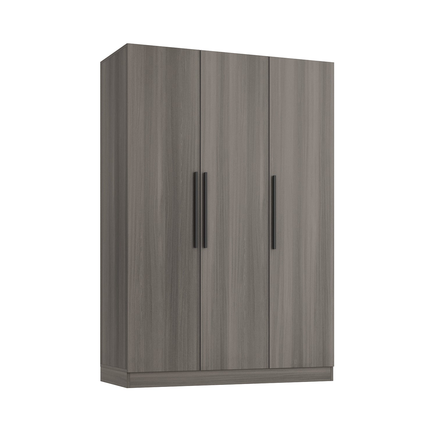 Contemporary Wooden Wardrobe with Three Doors, Designed for Clothing Storage, Featuring Six Compartments And a Hanging Rod. This Closet Includes Handles And Is Suitable for Bedrooms, Offering Ample Storage Space in Grey, Brown, And White Finishes
