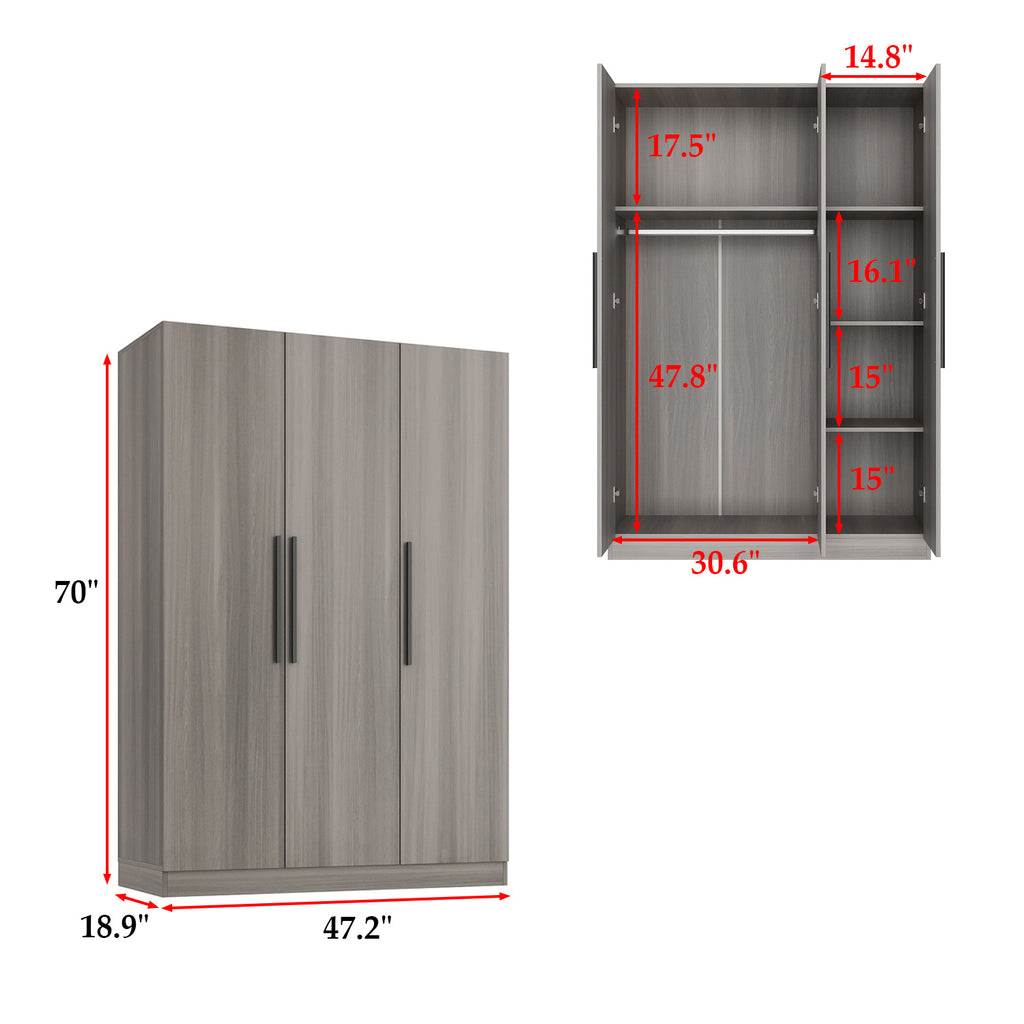 Contemporary Wooden Wardrobe with Three Doors, Designed for Clothing Storage, Featuring Six Compartments And a Hanging Rod. This Closet Includes Handles And Is Suitable for Bedrooms, Offering Ample Storage Space in Grey, Brown, And White Finishes