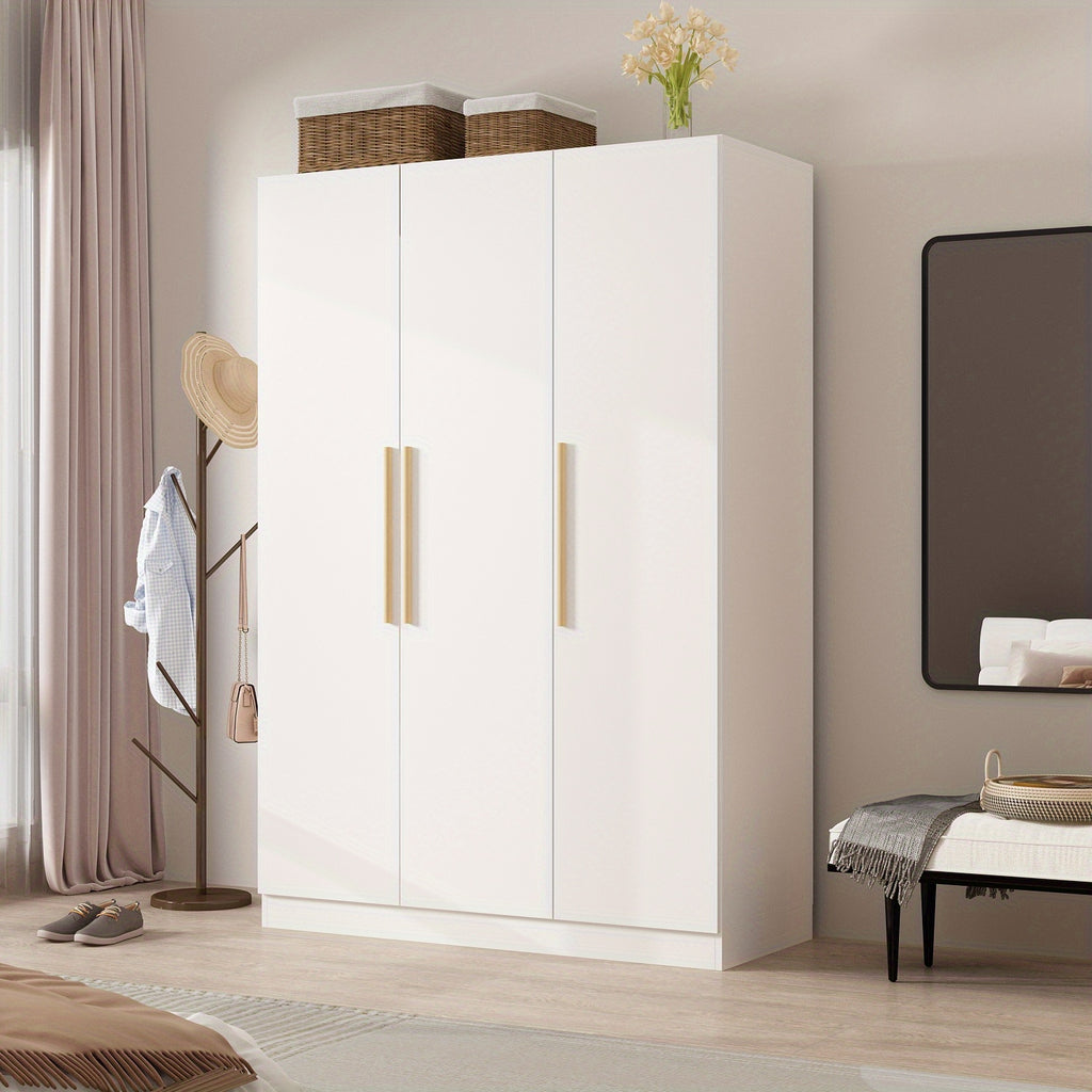 Contemporary Wooden Wardrobe with Three Doors, Designed for Clothing Storage, Featuring Six Compartments And a Hanging Rod. This Closet Includes Handles And Is Suitable for Bedrooms, Offering Ample Storage Space in Grey, Brown, And White Finishes