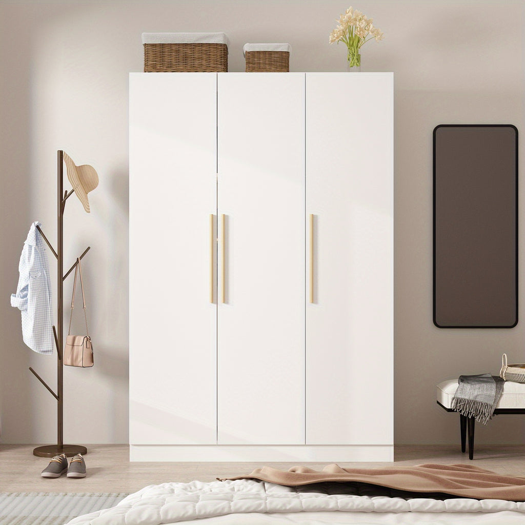 Contemporary Wooden Wardrobe with Three Doors, Designed for Clothing Storage, Featuring Six Compartments And a Hanging Rod. This Closet Includes Handles And Is Suitable for Bedrooms, Offering Ample Storage Space in Grey, Brown, And White Finishes