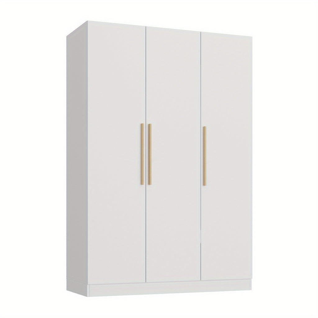 Contemporary Wooden Wardrobe with Three Doors, Designed for Clothing Storage, Featuring Six Compartments And a Hanging Rod. This Closet Includes Handles And Is Suitable for Bedrooms, Offering Ample Storage Space in Grey, Brown, And White Finishes
