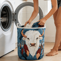 Bohemian Style Round Quilted Laundry Basket, White Handle Feather Design, Laundry Bin for Clothes Storage, Rustic Tribal Decor for Home Laundry Room Bathroom, Dirtproof Laundry Baskets