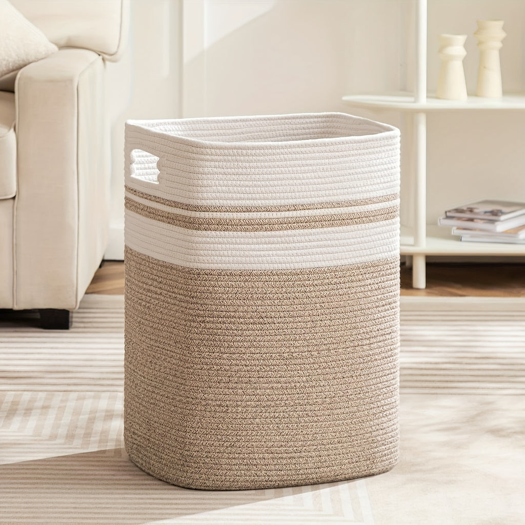 1pc Woven Large Storage Baskets for Organizing, Soft Rope Basket for Blanket, Clothes, Misc., Book, Laundry Basket with Handles, Tall Yoga Baskets for Shelves, Neutral Colour, Shelf Baskets, Magazine & Newspaper Baskets, Laundry Hampers