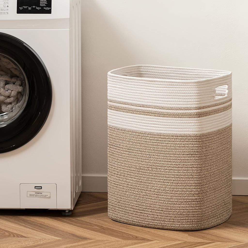 1pc Woven Large Storage Baskets for Organizing, Soft Rope Basket for Blanket, Clothes, Misc., Book, Laundry Basket with Handles, Tall Yoga Baskets for Shelves, Neutral Colour, Shelf Baskets, Magazine & Newspaper Baskets, Laundry Hampers