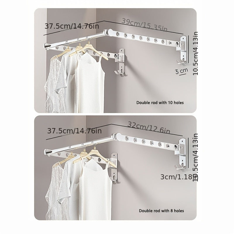 Wall-mounted Double Rod 6-hole\u002F8-hole\u002F10-hole Foldable Concealed Drying Rack with Hanging Bar, Suitable for Small Balconies and Bathrooms., Drying Racks