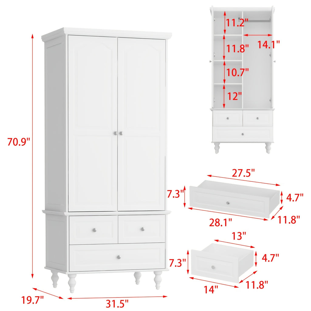 Stylish Wardrobe Cabinet Featuring Three Drawers And Four Shelves, Equipped with a Hanging Rod, Storage Unit with Handles And Wooden Legs, Suitable for Bedrooms And Guest Rooms, Offering Ample Storage Capacity, in White Color