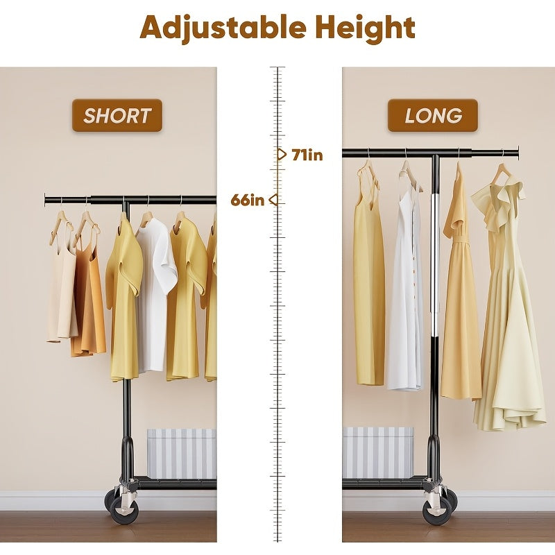 1pc Single Rod Heavy Duty Garment Rack, 525 LBS Max Load, Silvery Portable Rolling Clothes Rack, Sturdy Metal Clothing Rack for Bedroom, Laundry & Living Room
