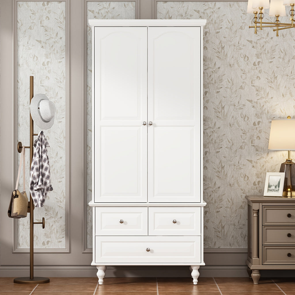 Stylish Wardrobe Cabinet Featuring Three Drawers And Four Shelves, Equipped with a Hanging Rod, Storage Unit with Handles And Wooden Legs, Suitable for Bedrooms And Guest Rooms, Offering Ample Storage Capacity, in White Color