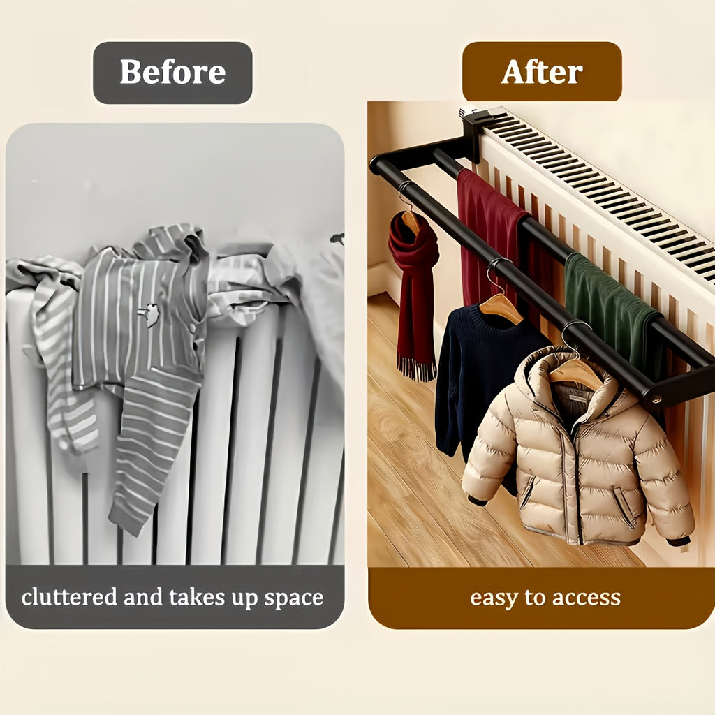 A Metal Drying Rack That Hangs on a Radiator, Featuring an Easy-To-Install Hot Water Heater Drying Rack with Two Rods for Hanging Clothes, Socks, Shoes, And Winter Clothing Storage, Drying Racks