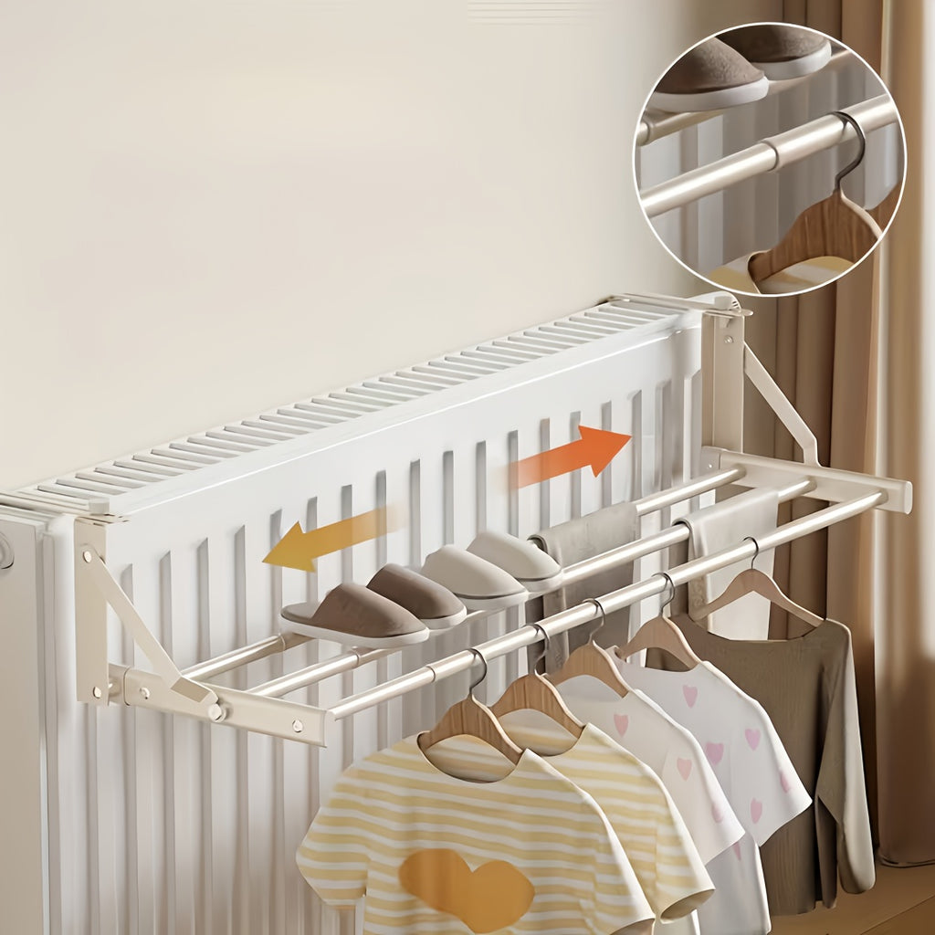 A Metal Drying Rack That Hangs on a Radiator, Featuring an Easy-To-Install Hot Water Heater Drying Rack with Two Rods for Hanging Clothes, Socks, Shoes, And Winter Clothing Storage, Drying Racks