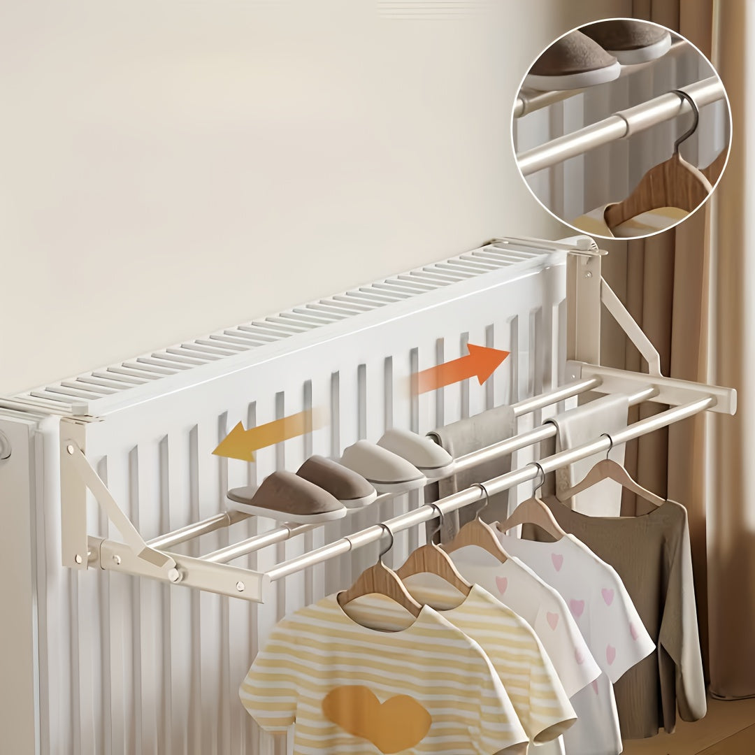 A Metal Drying Rack That Hangs on a Radiator, Featuring an Easy-To-Install Hot Water Heater Drying Rack with Two Rods for Hanging Clothes, Socks, Shoes, And Winter Clothing Storage, Drying Racks