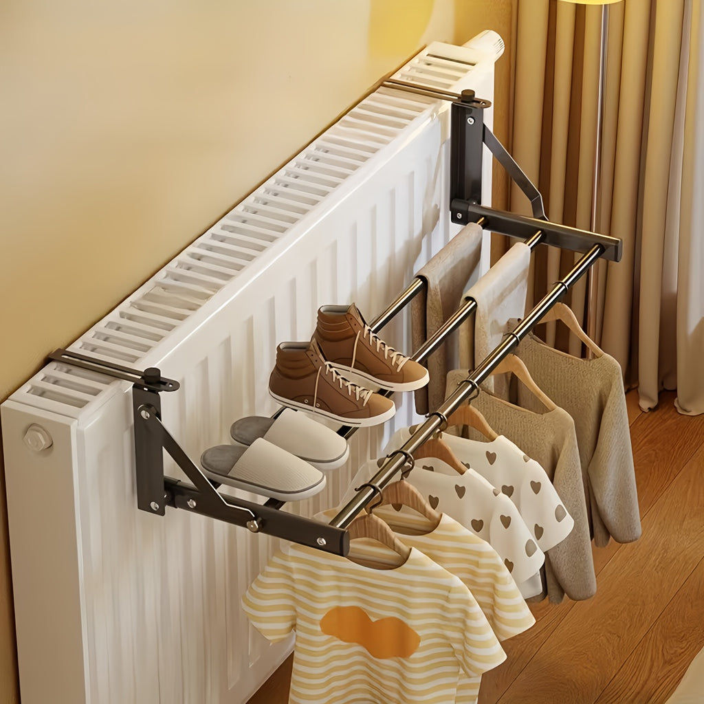 A Metal Drying Rack That Hangs on a Radiator, Featuring an Easy-To-Install Hot Water Heater Drying Rack with Two Rods for Hanging Clothes, Socks, Shoes, And Winter Clothing Storage, Drying Racks