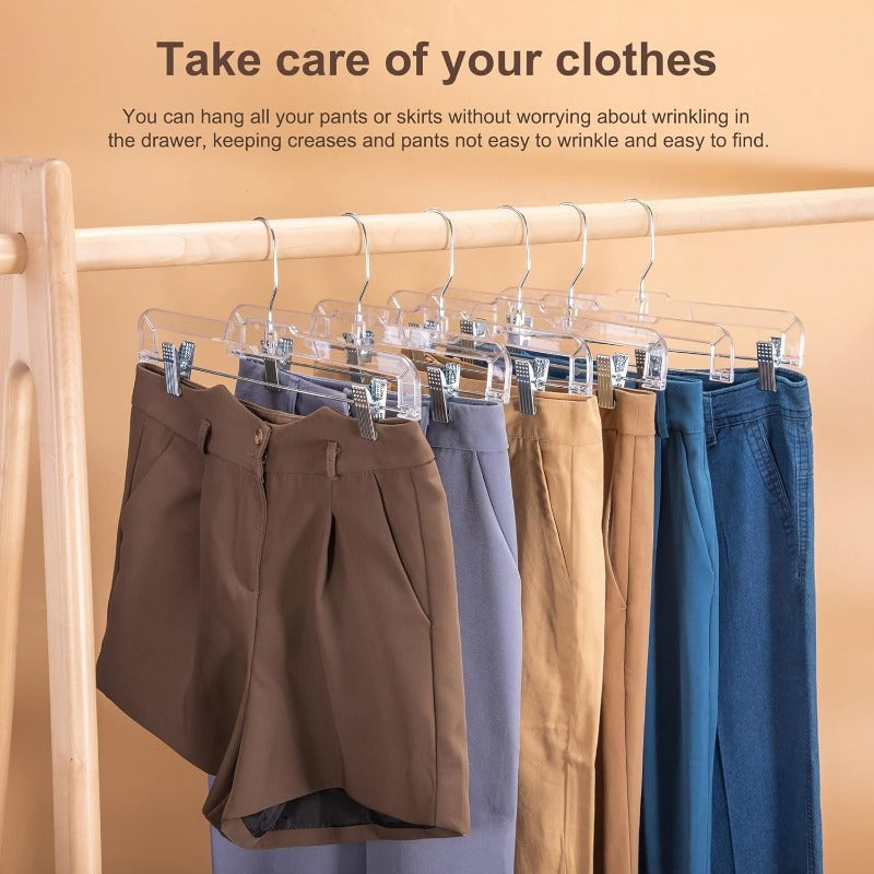 Transparent Plastic Skirt Hanger with Adjustable Clip, 360-degree Rotation, Dimensions 6 Inches × 14 Inches. Clip-on Hook Suitable for Trousers, Dress Pants, Jeans, and Skirts, Keeping Your Wardrobe Neat and Organized at All Times