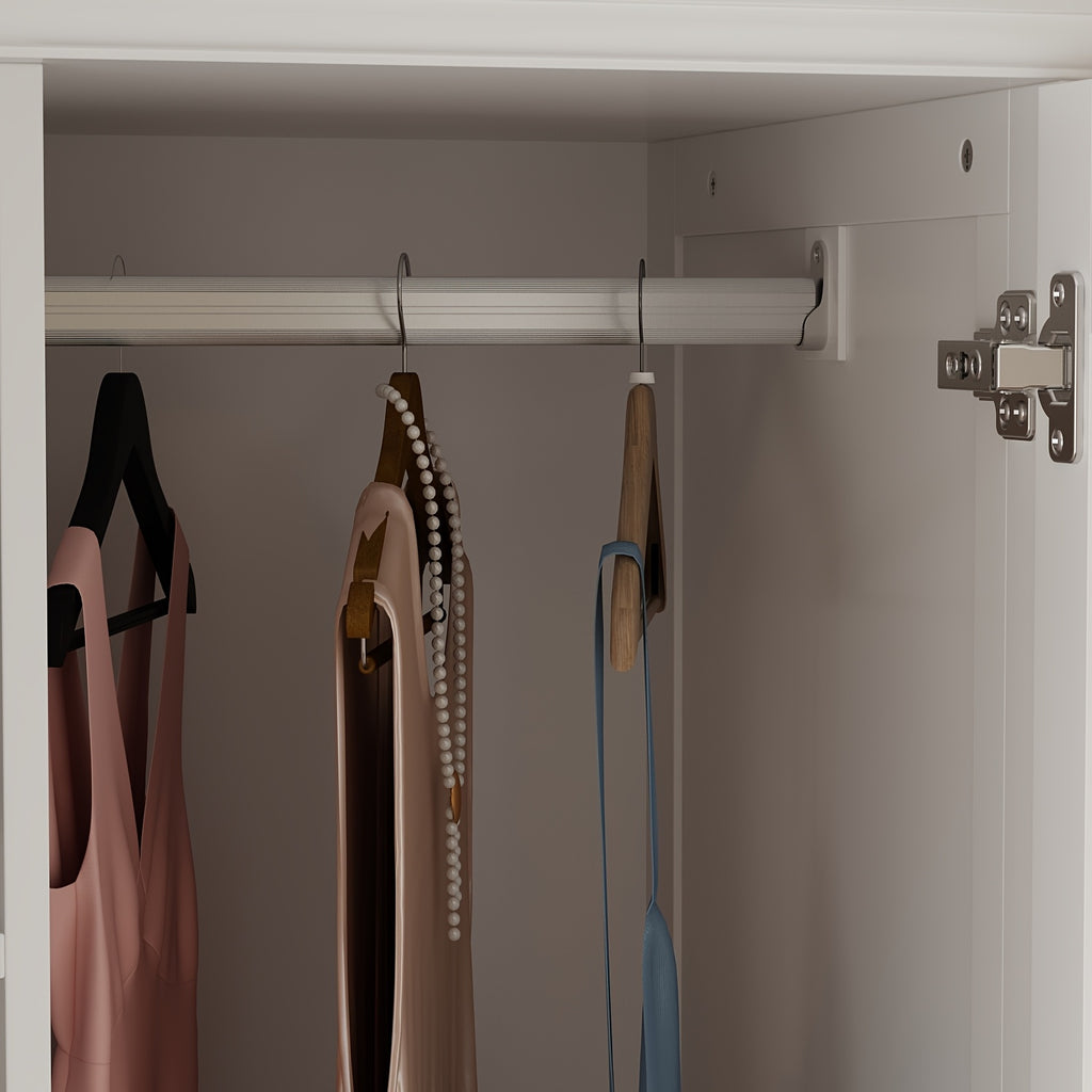 Stylish Wardrobe Cabinet Featuring Three Drawers And Four Shelves, Equipped with a Hanging Rod, Storage Unit with Handles And Wooden Legs, Suitable for Bedrooms And Guest Rooms, Offering Ample Storage Capacity, in White Color