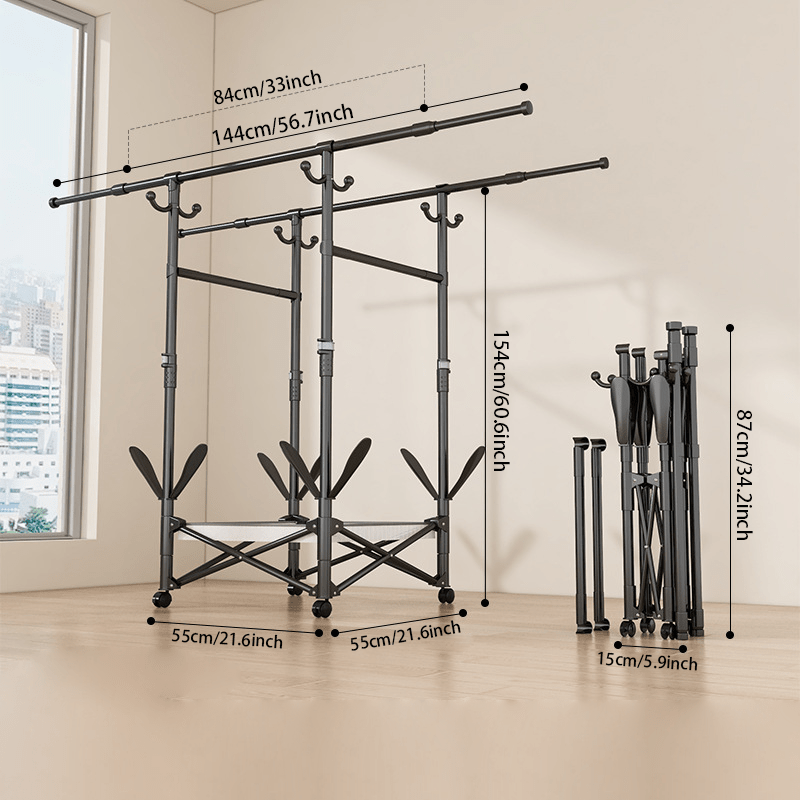 Double-Bar Folding Clothes Drying Rack with 5 folding hangers — Floor-Standing, No-Drill Design for Small Homes, Bedrooms, Balconies (Double-Pole Fully Extendable Rack + Mesh Basket + Shoe Rack + Coat Hooks + Crossbar)