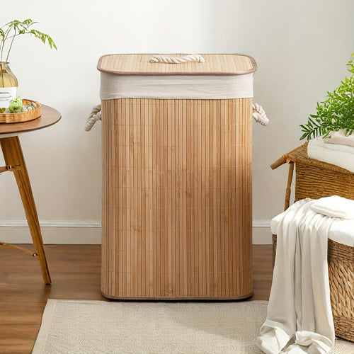 1pc Foldable Bamboo Laundry Basket with Collapsible Frame - Rattan Clothes Hamper, Space-Saving Rectangular Storage Bin for ' Room,, Dorm, Bathroom Organization (Easy Assembly), Laundry Baskets