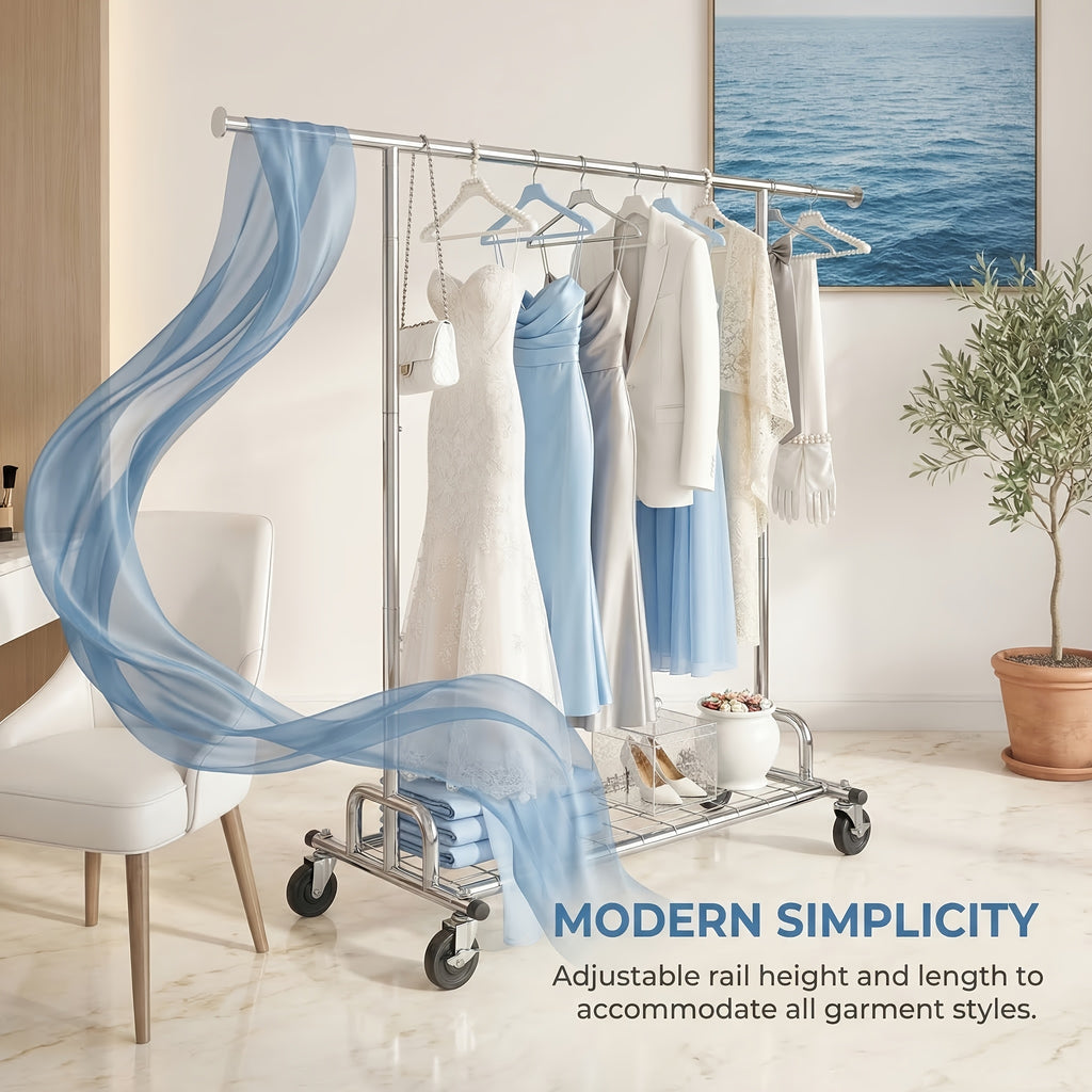 Heavy Duty Single Rod Rolling Garment Rack Clothes Rack | Adjustable Stainless Steel Clothing Rack Extendable Width 51-75in | 360° Flexible Wheels Easy to Move Mobile Wheels | EASY to INSTALL Sturdy & Durable Wide Application
