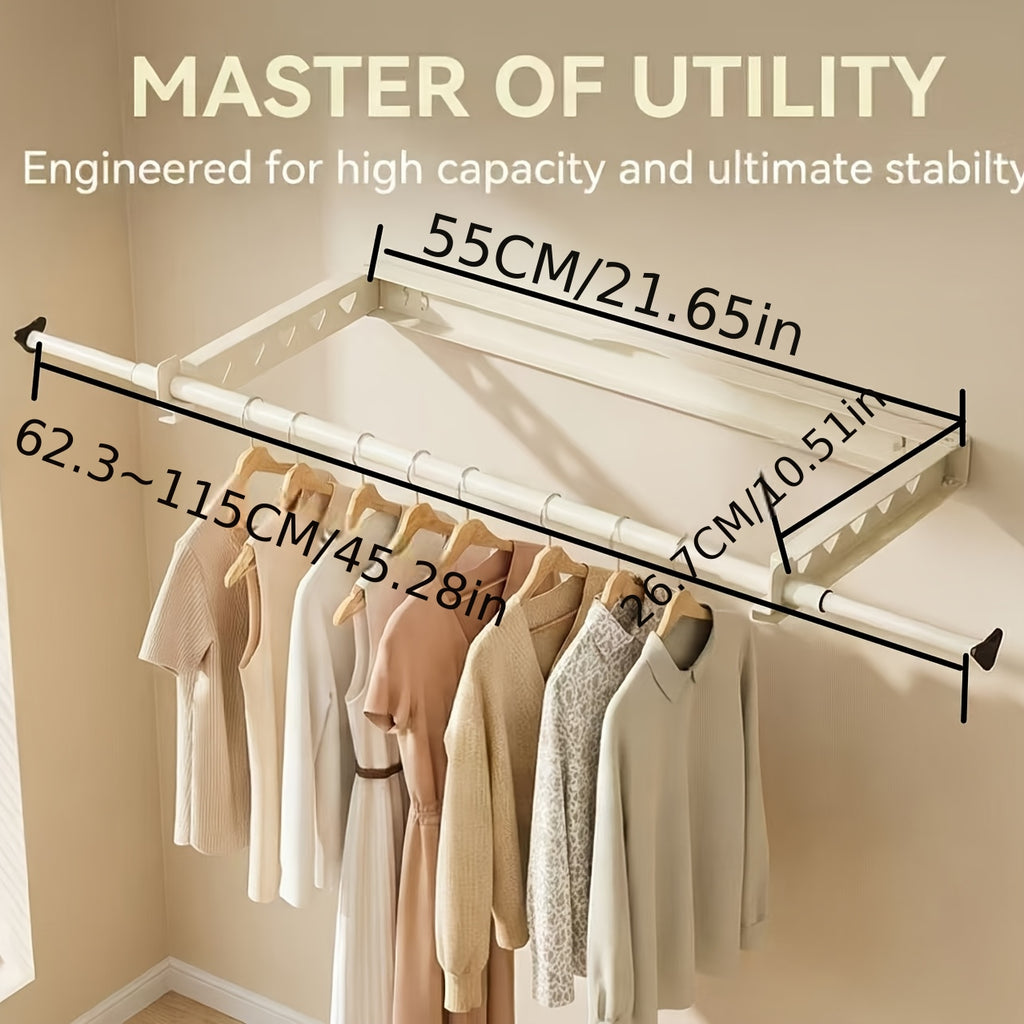 Single-Bar Folding Wall-Mounted Clothes Drying Rack with Clips, No-Drill Telescopic Drying Rod for Balcony and Window Exterior, Drying Racks