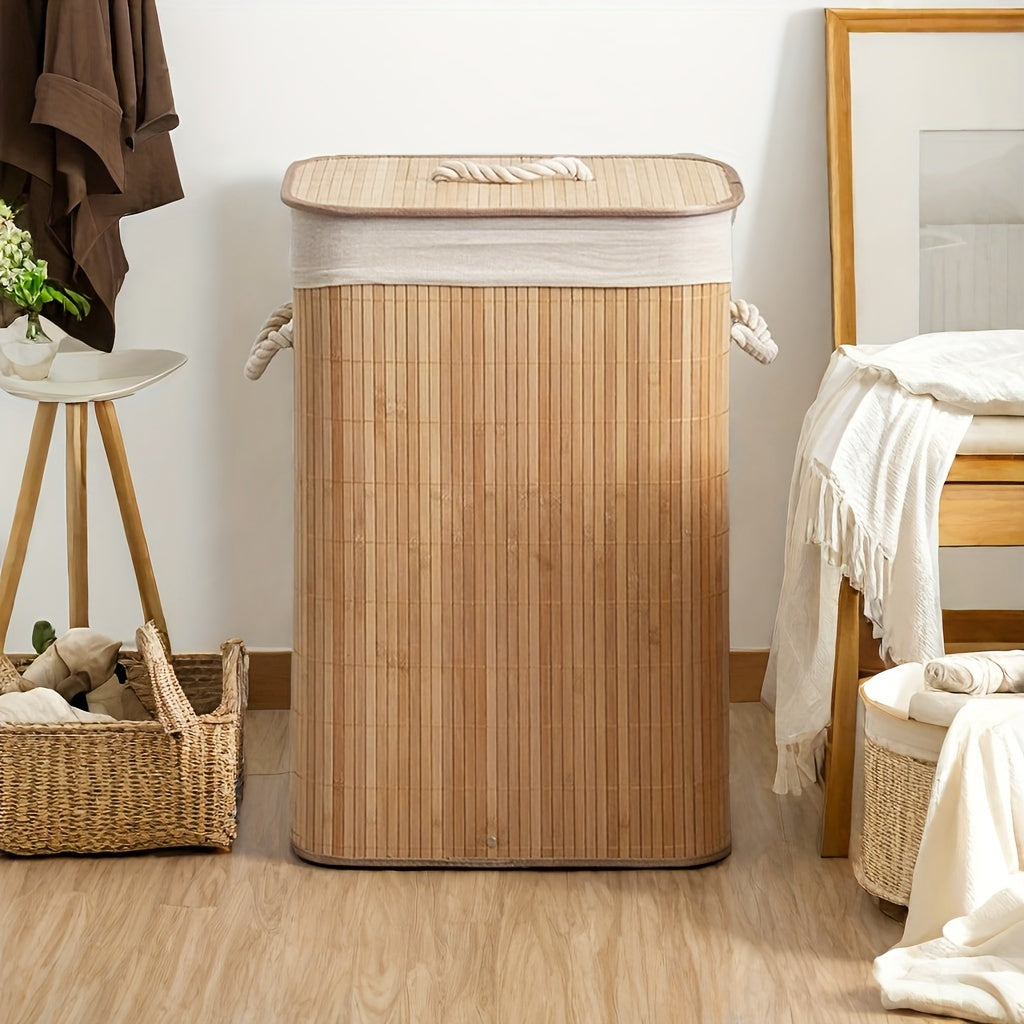 1pc Foldable Bamboo Laundry Basket with Collapsible Frame - Rattan Clothes Hamper, Space-Saving Rectangular Storage Bin for ' Room,, Dorm, Bathroom Organization (Easy Assembly), Laundry Baskets