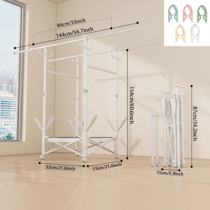 Double-Bar Folding Clothes Drying Rack with 5 folding hangers — Floor-Standing, No-Drill Design for Small Homes, Bedrooms, Balconies (Double-Pole Fully Extendable Rack + Mesh Basket + Shoe Rack + Coat Hooks + Crossbar)