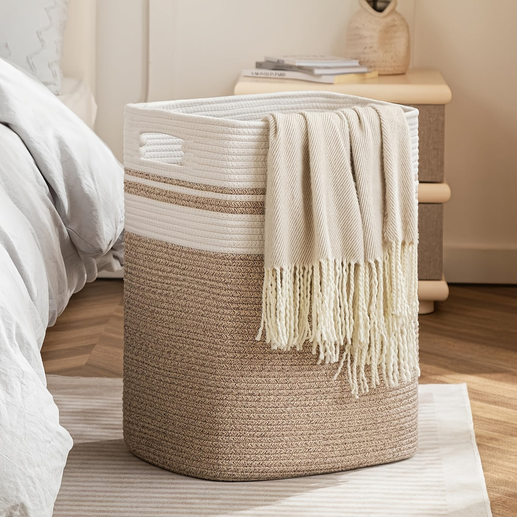 1pc Woven Large Storage Baskets for Organizing, Soft Rope Basket for Blanket, Clothes, Misc., Book, Laundry Basket with Handles, Tall Yoga Baskets for Shelves, Neutral Colour, Shelf Baskets, Magazine & Newspaper Baskets, Laundry Hampers