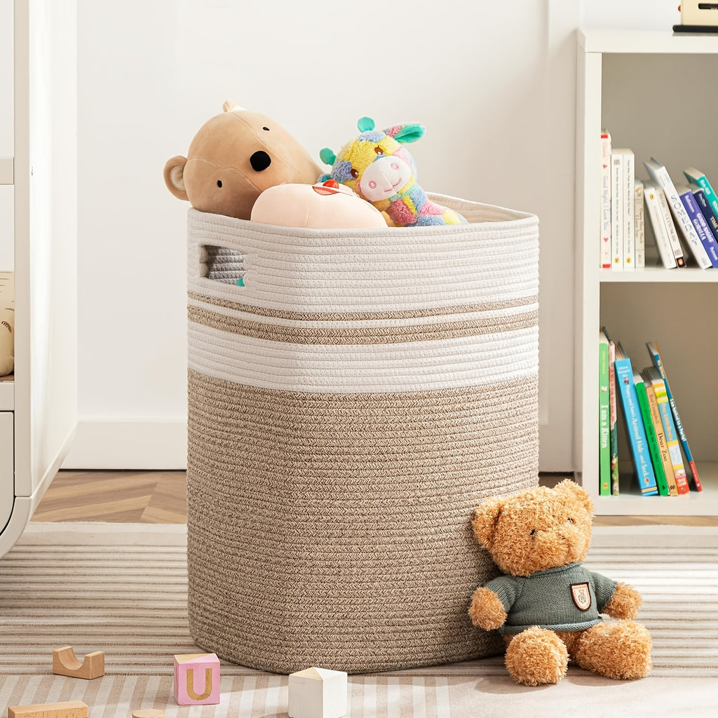 1pc Woven Large Storage Baskets for Organizing, Soft Rope Basket for Blanket, Clothes, Misc., Book, Laundry Basket with Handles, Tall Yoga Baskets for Shelves, Neutral Colour, Shelf Baskets, Magazine & Newspaper Baskets, Laundry Hampers