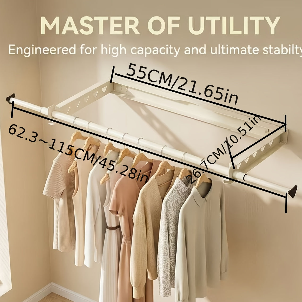 1pc Cream-Colored Wall-Mounted Retractable Clothes Drying Rack, Invisible Folding Telescopic Style, Precision Display Hanger, Foldable for Space-Saving Storage, Modern Minimalist Cream Style, Drying Racks