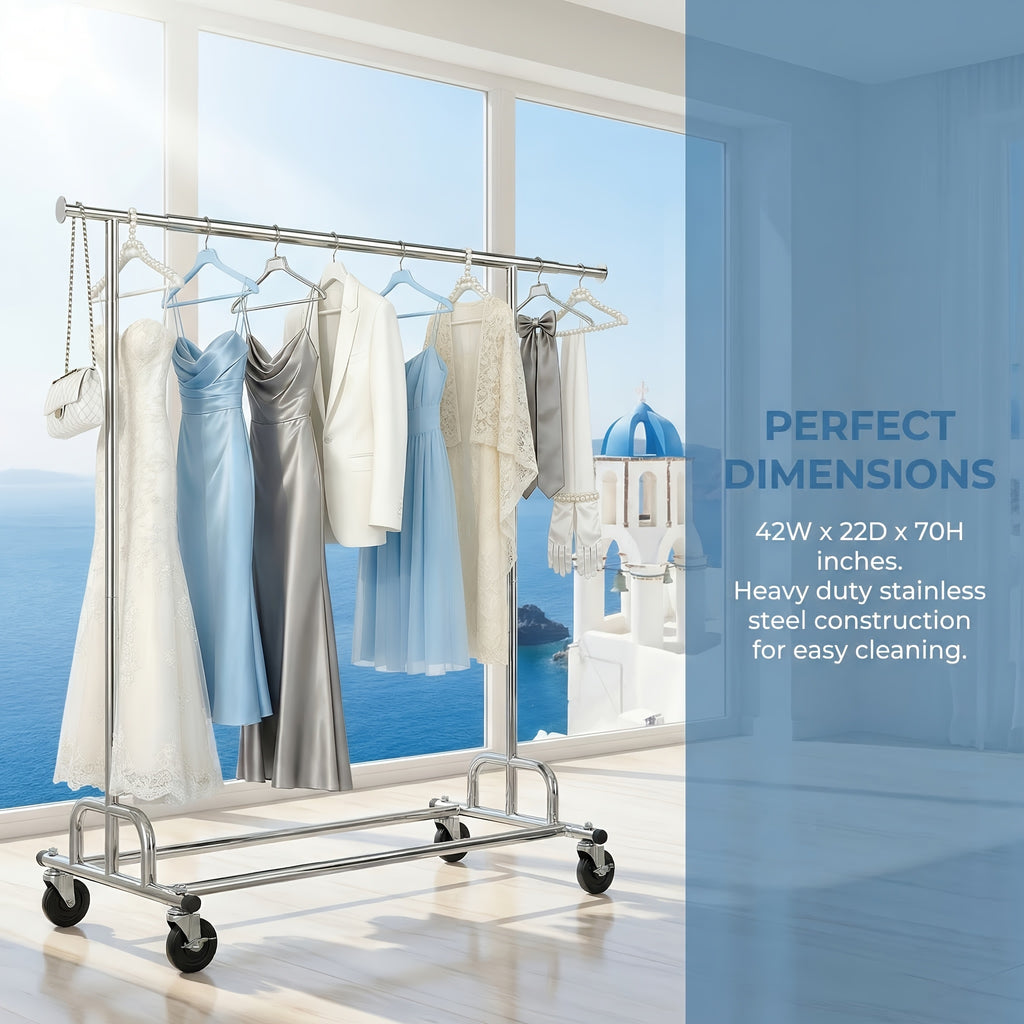Heavy Duty Single Rod Rolling Garment Rack Clothes Rack | Adjustable Stainless Steel Clothing Rack Extendable Width 51-75in | 360° Flexible Wheels Easy to Move Mobile Wheels | EASY to INSTALL Sturdy & Durable Wide Application