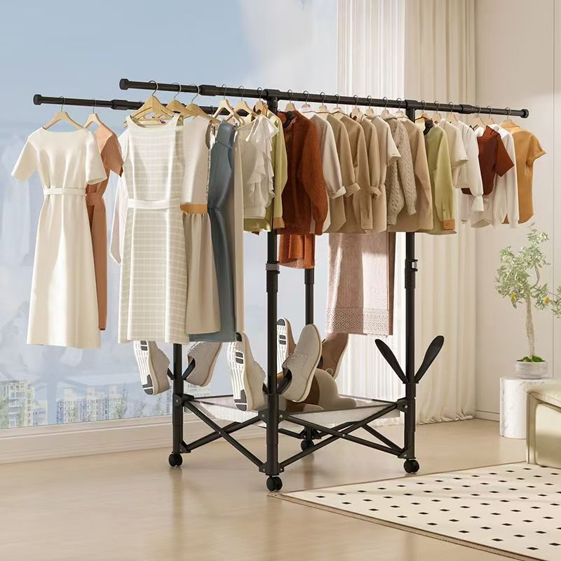 Double-Bar Folding Clothes Drying Rack with 5 folding hangers — Floor-Standing, No-Drill Design for Small Homes, Bedrooms, Balconies (Double-Pole Fully Extendable Rack + Mesh Basket + Shoe Rack + Coat Hooks + Crossbar)