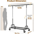 1pc Single Rod Heavy Duty Garment Rack, 525 LBS Max Load, Silvery Portable Rolling Clothes Rack, Sturdy Metal Clothing Rack for Bedroom, Laundry & Living Room