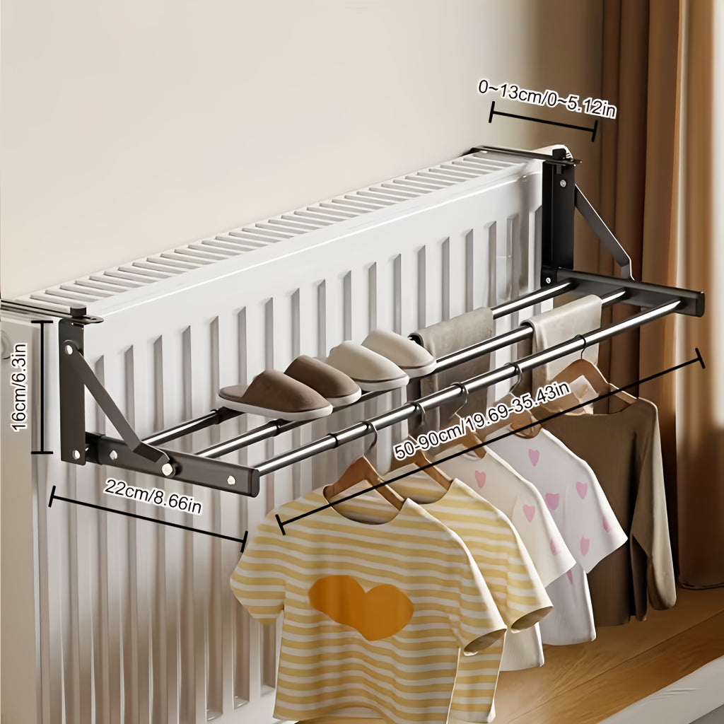 A Metal Drying Rack That Hangs on a Radiator, Featuring an Easy-To-Install Hot Water Heater Drying Rack with Two Rods for Hanging Clothes, Socks, Shoes, And Winter Clothing Storage, Drying Racks