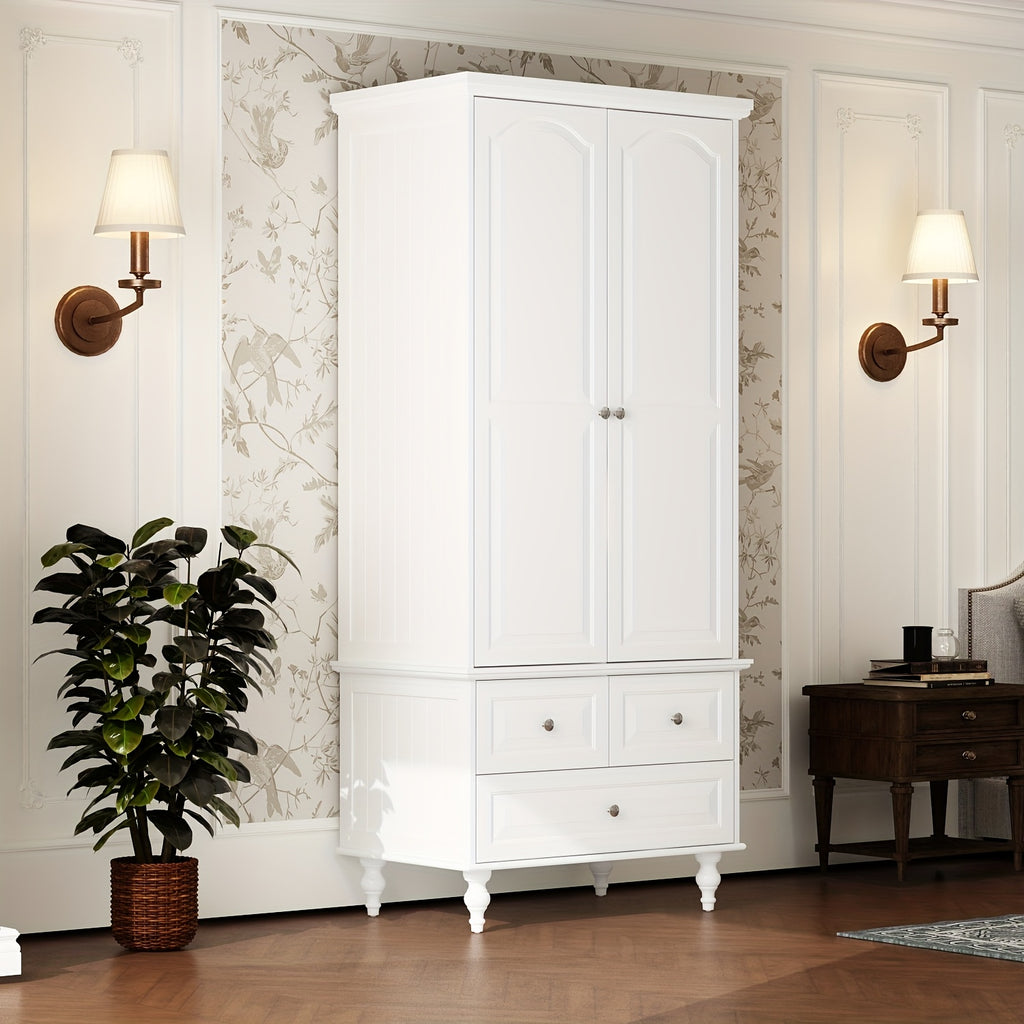Stylish Wardrobe Cabinet Featuring Three Drawers And Four Shelves, Equipped with a Hanging Rod, Storage Unit with Handles And Wooden Legs, Suitable for Bedrooms And Guest Rooms, Offering Ample Storage Capacity, in White Color