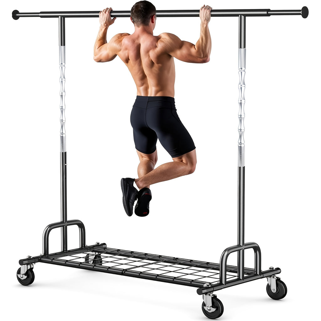 1pc Single Rod Heavy Duty Garment Rack, 525 LBS Max Load, Silvery Portable Rolling Clothes Rack, Sturdy Metal Clothing Rack for Bedroom, Laundry & Living Room