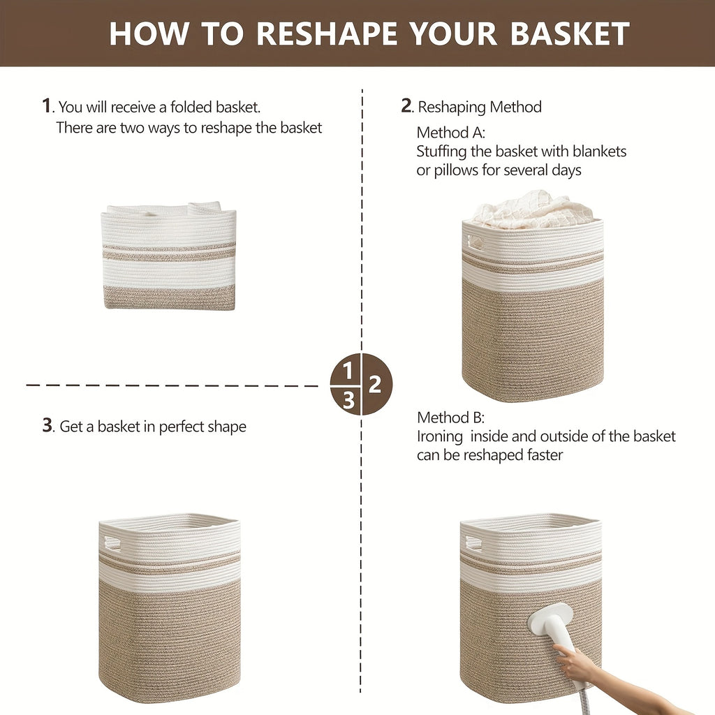 1pc Woven Large Storage Baskets for Organizing, Soft Rope Basket for Blanket, Clothes, Misc., Book, Laundry Basket with Handles, Tall Yoga Baskets for Shelves, Neutral Colour, Shelf Baskets, Magazine & Newspaper Baskets, Laundry Hampers