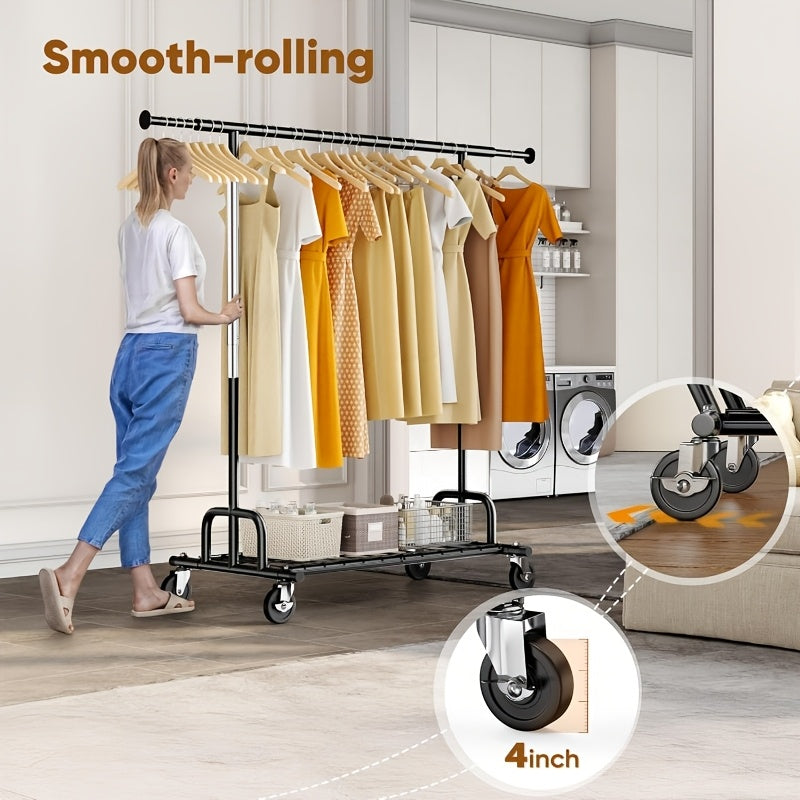1pc Single Rod Heavy Duty Garment Rack, 525 LBS Max Load, Silvery Portable Rolling Clothes Rack, Sturdy Metal Clothing Rack for Bedroom, Laundry & Living Room