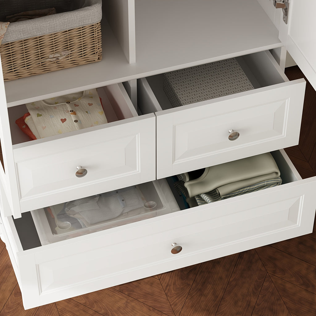 Stylish Wardrobe Cabinet Featuring Three Drawers And Four Shelves, Equipped with a Hanging Rod, Storage Unit with Handles And Wooden Legs, Suitable for Bedrooms And Guest Rooms, Offering Ample Storage Capacity, in White Color
