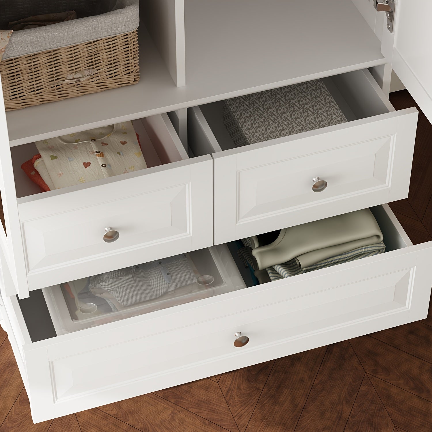 Stylish Wardrobe Cabinet Featuring Three Drawers And Four Shelves, Equipped with a Hanging Rod, Storage Unit with Handles And Wooden Legs, Suitable for Bedrooms And Guest Rooms, Offering Ample Storage Capacity, in White Color