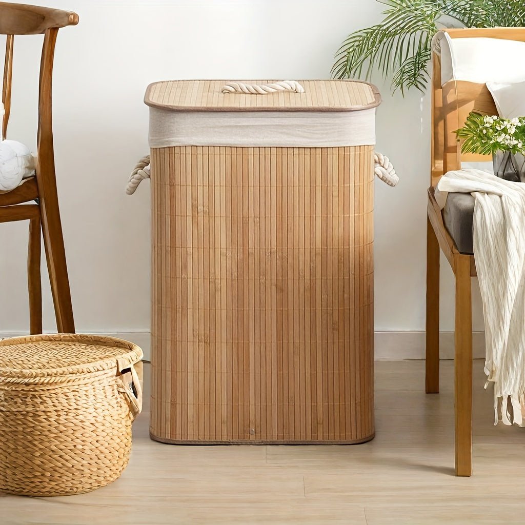 1pc Foldable Bamboo Laundry Basket with Collapsible Frame - Rattan Clothes Hamper, Space-Saving Rectangular Storage Bin for ' Room,, Dorm, Bathroom Organization (Easy Assembly), Laundry Baskets