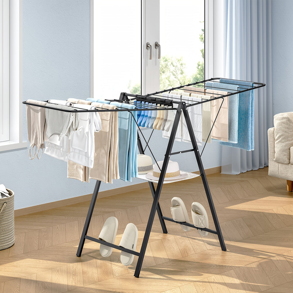 Clothes Drying Rack Foldable, Metal Laundry Drying Rack Collapsible, Portable Compact Clothes Rack For Sweater Clothes Towel Indoor & Outdoor, Height Adjustable Clothes Airer, Grey, Drying Racks