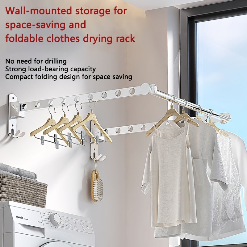 Wall-mounted Double Rod 6-hole\u002F8-hole\u002F10-hole Foldable Concealed Drying Rack with Hanging Bar, Suitable for Small Balconies and Bathrooms., Drying Racks