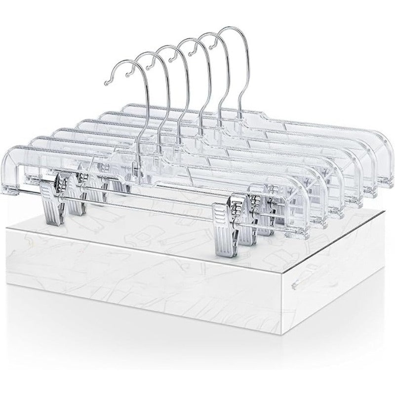Transparent Plastic Skirt Hanger with Adjustable Clip, 360-degree Rotation, Dimensions 6 Inches × 14 Inches. Clip-on Hook Suitable for Trousers, Dress Pants, Jeans, and Skirts, Keeping Your Wardrobe Neat and Organized at All Times