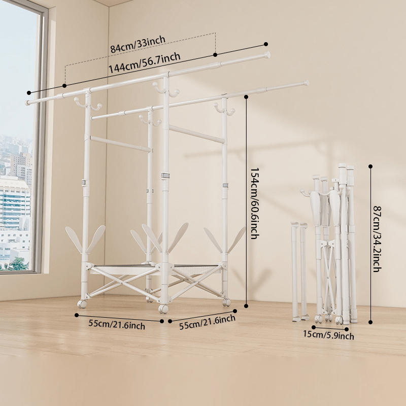Double-Bar Folding Clothes Drying Rack with 5 folding hangers — Floor-Standing, No-Drill Design for Small Homes, Bedrooms, Balconies (Double-Pole Fully Extendable Rack + Mesh Basket + Shoe Rack + Coat Hooks + Crossbar)